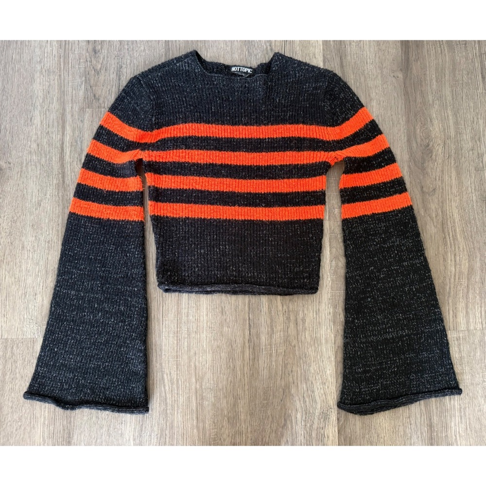 Hot Topic Black Orange Striped Crop Sweater Bell Sleeve Y2K Goth Women's Small